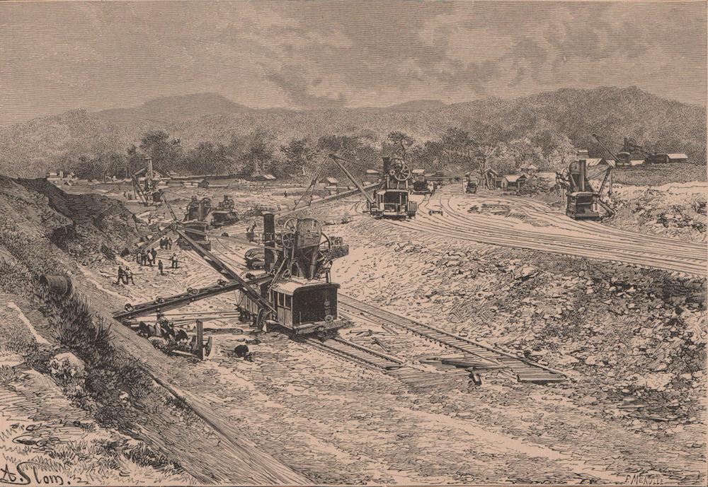 Panama canal cnstruction - View from the Culebra Cut 1885 old antique print